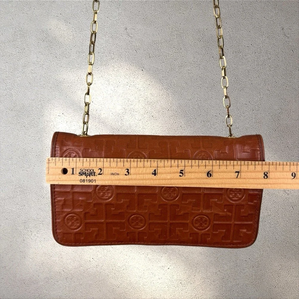 Tory‎ Burch Embossed Chain Wallet Crossbody Bag Brown Leather Logo Purse